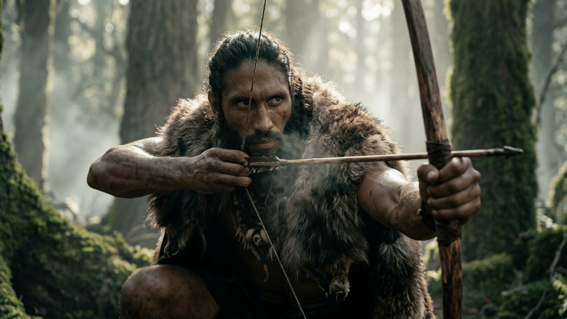 Consistent biblical character in forest scene aiming a bow