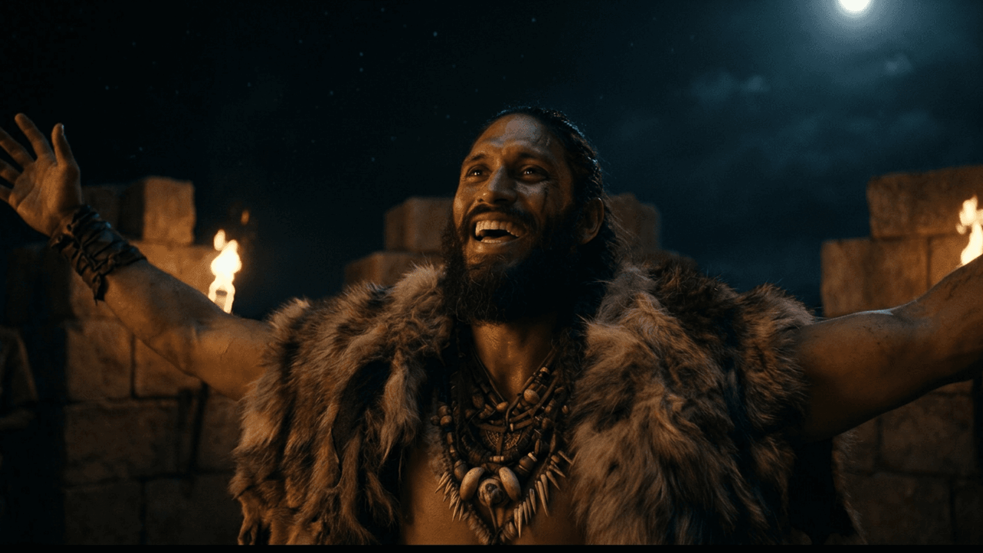 Consistent biblical character smiling in torchlit night scene