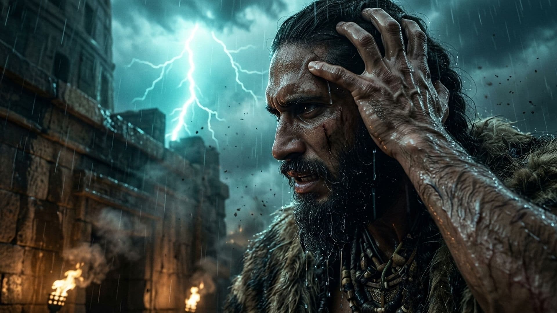 Consistent biblical character in rain and lightning scene